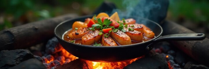 Delicious campfire-cooked meal sizzling over glowing embers, creating a rustic and appetizing scene Perfect for outdoor cooking, camping, and adventure themes , grilling, night, camping