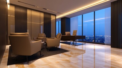 Fototapeta premium Modern office interior with sleek furniture, panoramic city views, and evening ambiance, ideal for business meetings