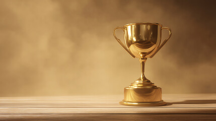 Gold trophy cup on a wooden surface with a soft brown background, symbolizing achievement, success, and victory in competitions or awards