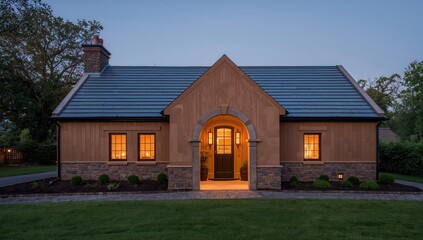 Obraz premium Charming cottage-style home illuminated at twilight with a warm inviting atmosphere surrounded by lush greenery