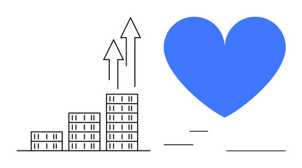 Bar chart with upward arrows signifies growth alongside a large blue heart representing care, quality, and impact. Ideal for business growth, positivity, impact, finance, charity, teamwork simple