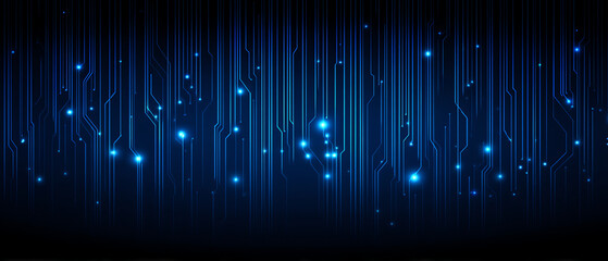 Blue digital circuit lines with glowing nodes on a dark background, representing technology, data flow, and futuristic electronic connections