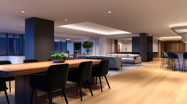 Modern office interior featuring sleek furniture and ambient lighting, showcasing a collaborative workspace - Powered by Adobe