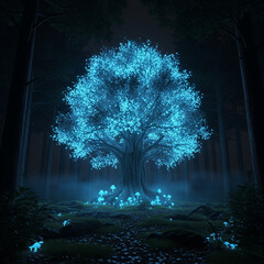 Enchanted forest tree glows with magical light under moon