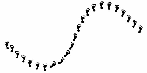 Black footprints forming a wavy path on white background