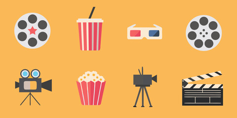 Collection of flat design movie icons on a yellow background