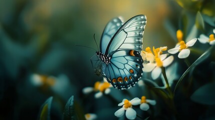 Obraz premium A delicate blue butterfly with white spots rests on a white flower with yellow center, surrounded by green foliage.
