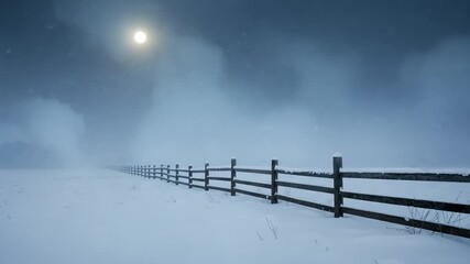 Snowy landscape with a wooden fence under moonlight - Powered by Adobe