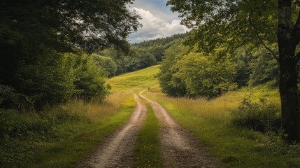 A dirt road winds through a lush green forest, with tall trees lining the path and a blue sky with fluffy clouds above.