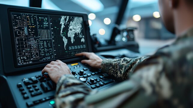 Medium shot of soldier operating control panel of modern air defence system inside command vehicle