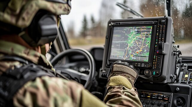 Medium shot of soldier operating control panel of modern air defence system inside command vehicle