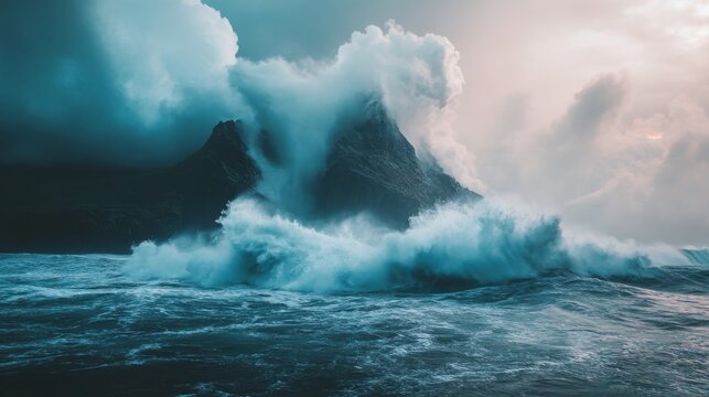 A dramatic seascape with large waves crashing against a rocky coastline under a stormy sky. - Powered by Adobe