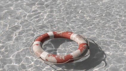 A safety buoy floating in clear, rippling water with sunlight reflections creating shimmering patterns