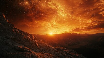 A dramatic sunset over a mountain range with a fiery sky and many stars visible.