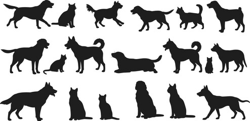 Dog and Cat Silhouettes Vector Collection in Multiple Poses – Sitting, Standing, Playing, Black Pet Icons for Design and Clipart Use