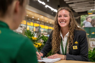 A smiling woman with curly hair wearing a black blazer with an AWS badge is writing on a notepad while interacting with another person in a bright indoor office or event setting
