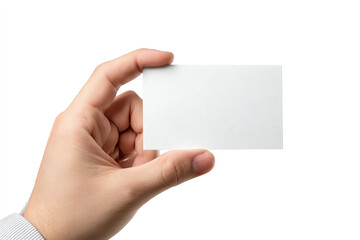 Obraz premium A hand holding a blank white business card against a white background, ready for customization or branding
