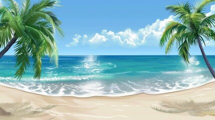 Tropical Beach Scene with Palm Trees and Calm Ocean Water