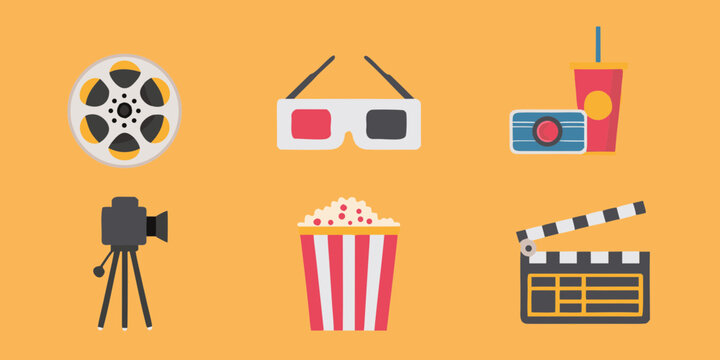 Collection of flat design movie icons on a yellow background - Powered by Adobe