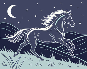 Majestic horse galloping under a crescent moon and starry night sky