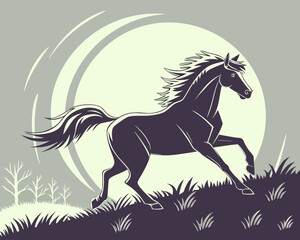 Stylized silhouette of a horse running in a field at dusk