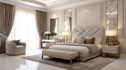 Obraz premium Elegant modern bedroom interior with plush furnishings, soft lighting, and stylish decor in a serene atmosphere