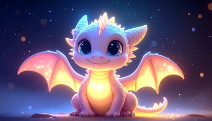 A cute baby dragon with glowing neon edges, soft pastel body, big sparkling eyes