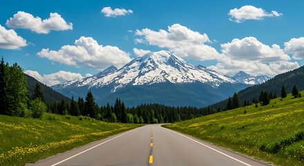 Naklejka premium Scenic highway leading to majestic snow-capped mountain under blue sky with clouds