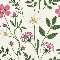 Seamless pattern of delicate wildflowers and green leaves on a cream background