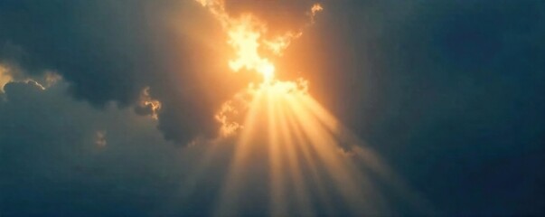 Intense beam of sunlight piercing through dark clouds, creating a dramatic, bright light effect Perfect for backgrounds, overlays, or cinematic projects , vibrant, majestic