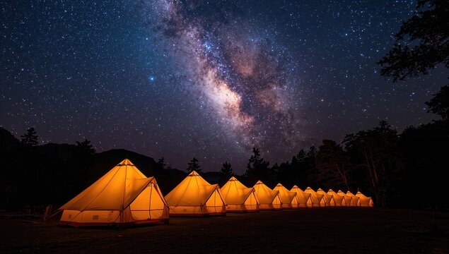 A row of illuminated tents under a starry night sky showcasing the Milky Way, creating a serene camping atmosphere - Powered by Adobe