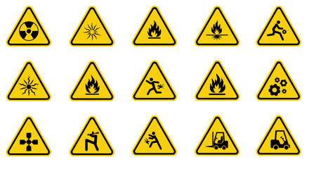 Collection of yellow triangular warning signs with various hazard symbols.