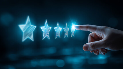 A hand is selecting the fifth glowing star in a digital rating system, symbolizing high quality or positive feedback in a futuristic, blue-lit environment