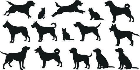Dog and Cat Silhouettes Vector Set of Pets in Various Poses – Black Animal Icons for Design, Clipart, and Illustration Use