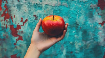 A hand holding a fresh red apple against a colorful, weathered wall.