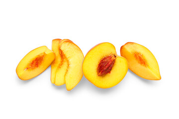 Cut sweet ripe peach on white background