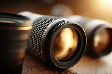 Close-up of camera lenses with textured focus rings placed on a wooden surface, highlighted by warm, soft lighting creating a professional photography ambiance