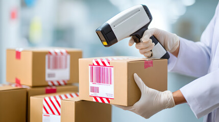 Technician scanning a barcode on a cardboard box in a laboratory environment.

