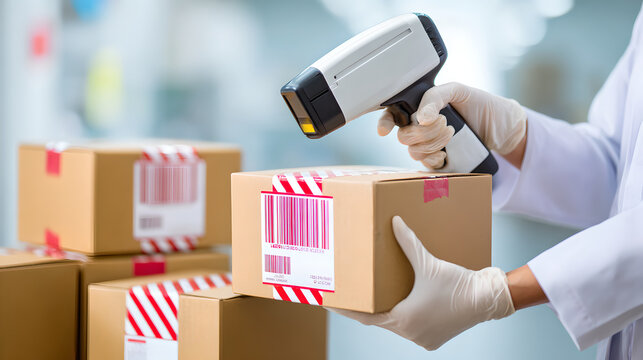 Technician scanning a barcode on a cardboard box in a laboratory environment.
