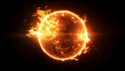 
Realistic sun with solar flares on a black background. Close-up of the surface of the Sun, with the glowing flames and atmosphere in space.