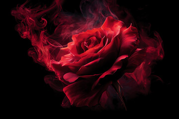 A vibrant red rose surrounded by swirling red smoke on a black background, creating a dramatic and mysterious atmosphere with rich textures and depth