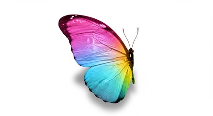 Papillon arc-en-ciel vibrant vole gracieusement fond blanc lumi�re douce. AI Generated