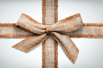 A rustic burlap bow tied around matching burlap ribbon, creating a natural, textured decoration on a plain white background