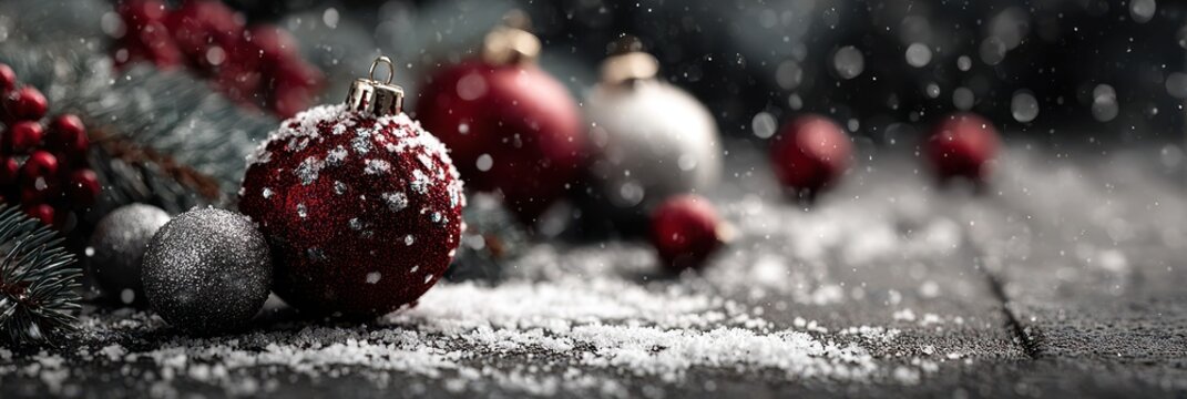 Christmas ornaments and snow create a festive atmosphere during the holiday season in a cozy indoor setting
