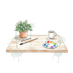 desk, simple watercolor, hand drawn, white background
