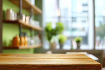Wooden countertop surface with blurred background of kitchen shelves, plants, and large windows letting in natural light, creating a cozy and bright indoor atmosphere