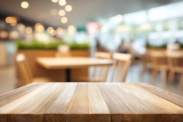 Wooden table surface in a bright, blurred cafe interior with warm lighting and modern furniture, creating a cozy and inviting atmosphere
