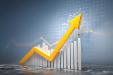 Yellow arrow sharply rising over white bar chart on blue grid background, symbolizing growth, success, and positive financial trends in business or investment analysis