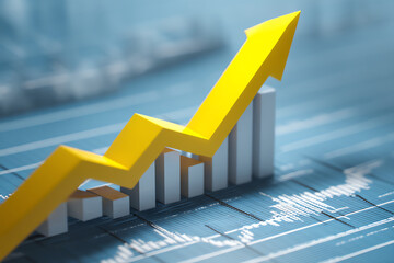 Yellow arrow rising above bar chart on blue financial data background symbolizing growth and success in business or stock market performance
