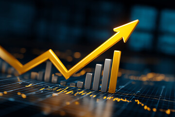 3D rendered image of a golden upward arrow and bar chart representing financial growth and positive business trends on a digital grid background